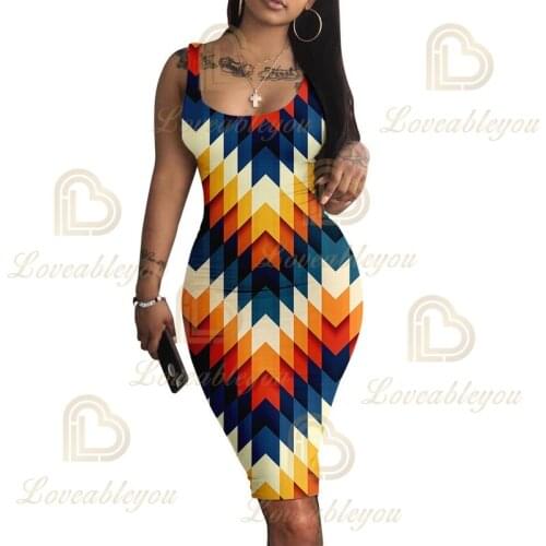 Geometric Print Sleeveless Dress Slim Vest Robe Plus Size Women Bodycon Dress Sleeveless Tank Elastic Pencil Dresses 2021 New