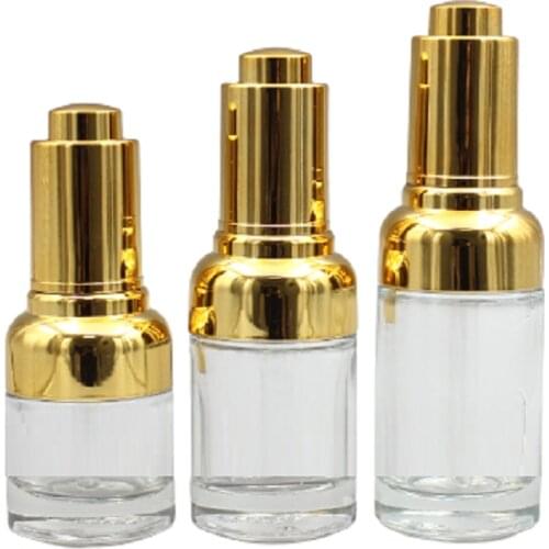 10pieces Empty Essential Oil Bottle Cosmetic Packaging Container Gold Press Pump 20ml 30ml 40ml Clear Glass Dropper Vials