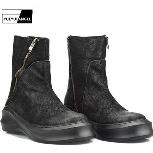 2020 New Fashion Mens Zipper Winter Genuine Cow Leather Boots Round Toe England Style High Top Boots Male Thick Bottom Plus Size