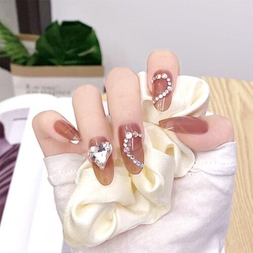 24Pcs Love Heart 3D Rhinestones Inlaid Nail Patch Transparent Long Paragraph Round Head Fake Nails Accessories Fashion Manicure