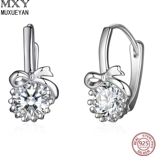 925 Sterling Silver Bow Hoop Earrings With Flower For Women Luxury Crystal Zircon Fine Jewelry 2021 Trend MUXUEYAN