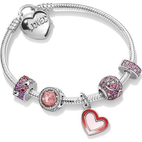 GChic S925 Fall In Lover Bracelet Set Heart Lock Pink Sparkling Heart Charms Fit Original Bracelets Women DIY Jewelry