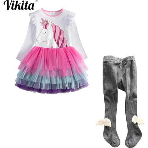 VIKITA Toddlers Licorne Clothing Long Sleeve Unicorn Dress + Wing Leggings Pantyhose Suit Girl Autumn Winter Clothing Sets