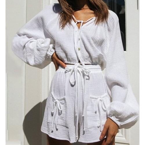 Summer Casual 2 Pieces Sets Womens Suits Lace Up Long Lantern Sleeve Women Short Shirt Set Streetwear Solid Ladies Shorts Suit