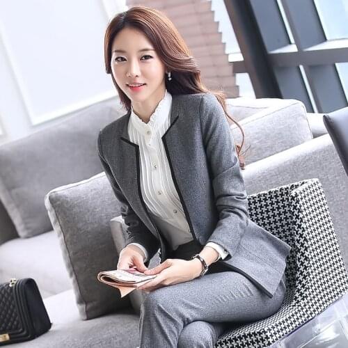Lenshin 2 Pieces Set New Women Formal Pant Suit for Office Ladies Business V-neck Gray Professional Work Wear