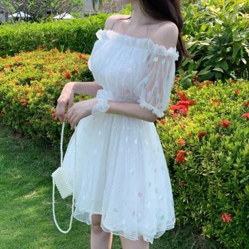 Summer White Fairy Dress Sexy Women Off Shoulder Party Mini Dresses High Waist Casual Korean Style Dress