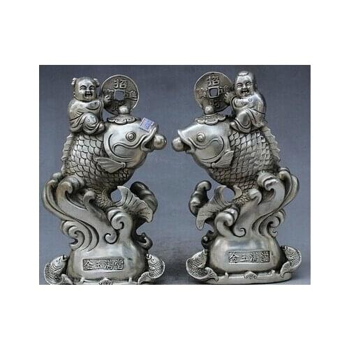 Copper Brass CHINESE crafts decor Asian plata cobre Chino Riqueza Moneda Plata Par Enriquecimiento De Pescado Feliz Kid