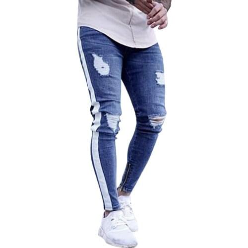 Skinny Jeans For Men Distressed Stretch Jeans Ice Blue Ripped Skinny Jeans Side Zipper Slim Fit stripe Dropshipping