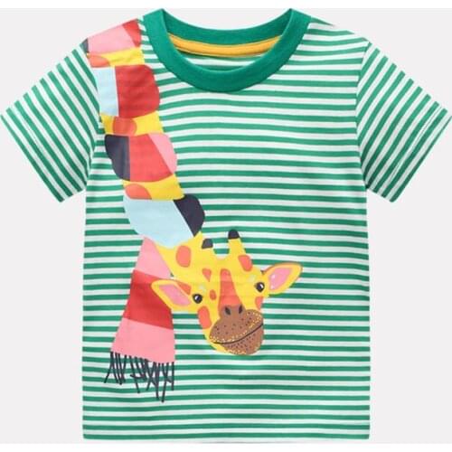 New Summer T-shirt with Cartoon Giraffe Print and Green Stripe Boys Girls Clothing Hot Sale Tops