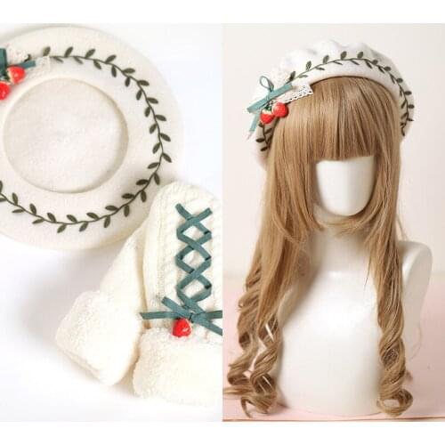 New Mori Girl Strawberry Green Leaves Beret Flat Cap Womens Earmuffs Gloves Autumn Winter Sweet Lolita Warmer Retro Painter Hat