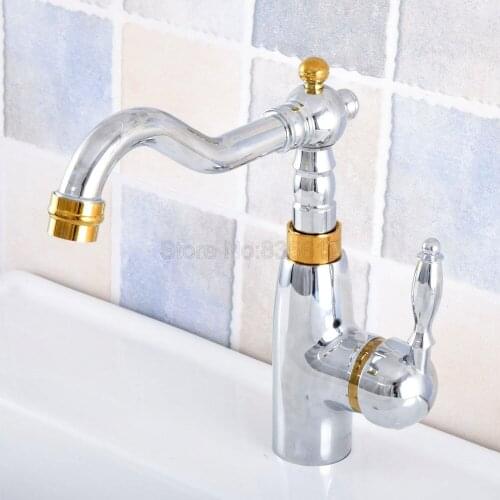 Polished Chrome & Gold Color Brass Bathroom Vessel Sink Faucet Single Handle Swivel Spout Mixer Tap Single Hole tsf813