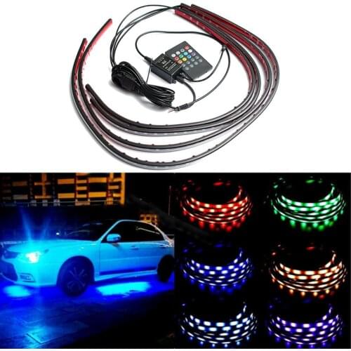 4pcs With Remote Car RGB LED Strip 5050 SMD Decorative Atmosphere Lamps Under Car Tube Underglow Underbody System Neon Light Kit