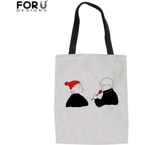 FORUDESIGNS Women Cute Cartoon Sketch Design Canvas Tote Bags Ladies Large Capacity Shoulder Bolsa Outdoor Linen Shopping Bag