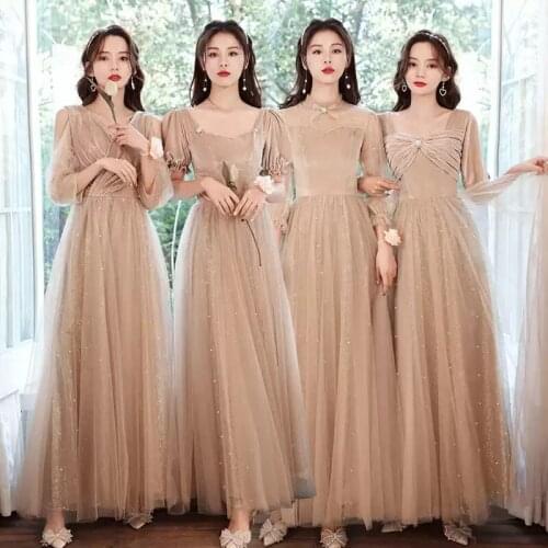 Bridesmaids Dresses Illusion A-Line Short V-Neck Crystal Pleat Sequined Floor-Length Tulle Lace Women Wedding Party Gown E579