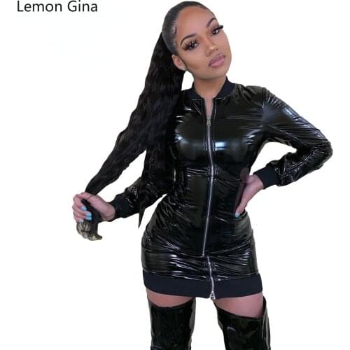 Lemon Gina Women PU Dress Solid Zip Faux Leather Skinny Bodycon Mini Dresses Sexy Night Club Party Vestidos Autumn Outfits 2021