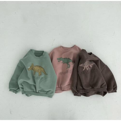 8435 Winter Baby Girls Boys Sweater Shirt With Fleece Warm Long Sleeve Tops Autumn 2021 Kids Clothing Dinosaur Print Hoodies