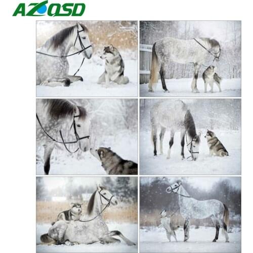 AZQSD Diamond Art Painting Horse Winter Snow Cross Stitch Full Square Diamond Embroidery Animal Mosaic Rhinestones Home Decor