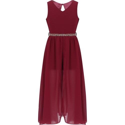 2021 Kids Girls Dancewear Ballet Dance Dresses Sleeveless V Neck Short Jumpsuit Romper Maxi Dress with Sparkly Rhinestone Belt