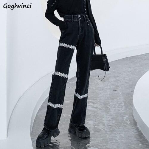 Harajuku Jeans Women Design Cool Girl Student Fashion High Waist Ulzzang Chic Straight Pockets All-match Casual Denim Trouser BF