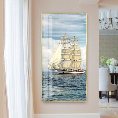 Antiquity Chinese style Sailboats on the sea wish Modern Decorative Pictures Paintings wall art for porch Room office decor gift