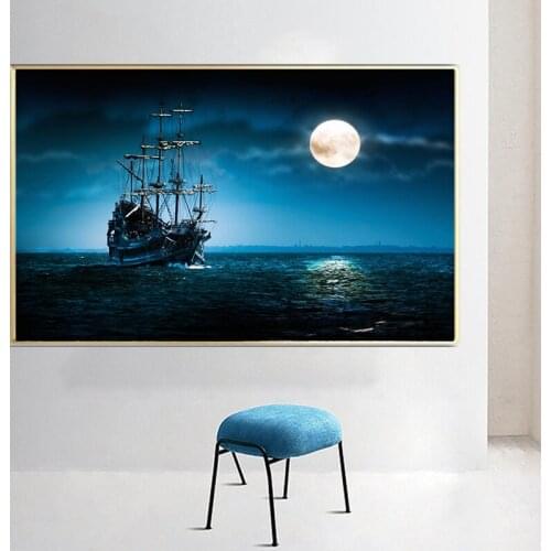 Nordic Moon Night Ship Ocean Sea Landscape Wall Art Canvas Poster and Print Canvas Painting Picture for Living Room Home Décor