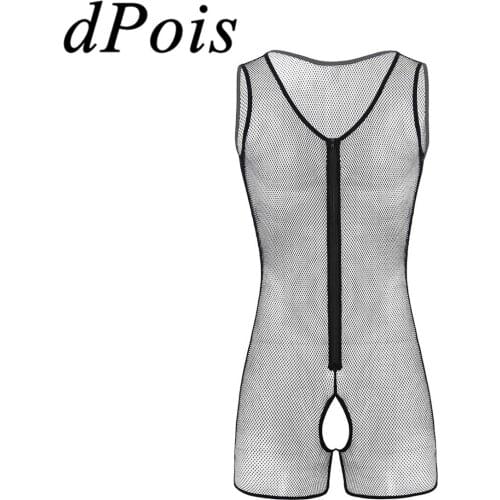 Men Bodysuit Crotchless Tank Leotard See Through Sheer Fishnet One-piece Lingerie U-neck Sleeveless Male Jumpsuit Underwear