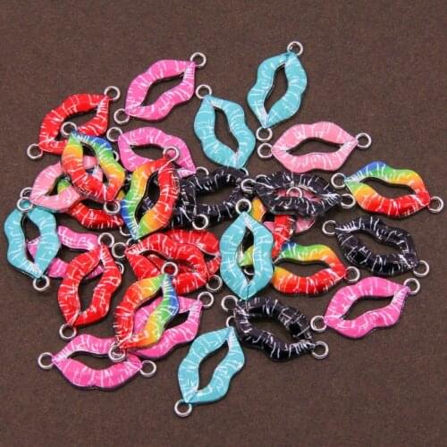 5pcs mixed color Enamel drop oil cute lip charm connector for female girls DIY jewelry making bracelet accessories wholesale