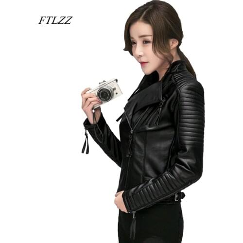 FTLZZ New Spring Autumn Women Faux Soft Leather Jackets Pu Black Blazer Zippers Coat Motorcycle Outerwear Biker Jacket