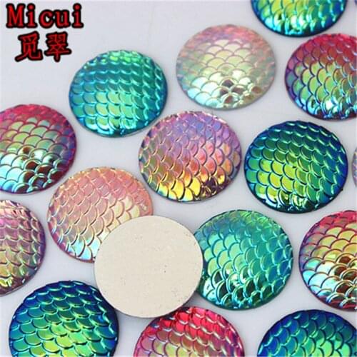 Micui 20PCS 20mm Mix Color Round Fish Scale Resin Rhinestone Crystal Stone Beads Flatback For Clothing Crafts Decoration MC748