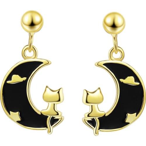 Girls' Cute Creative Stud Earrings Cat Sitting On The Moon Design Minimal Earring Stud Charming Dangle Earring Piercing Jewelry
