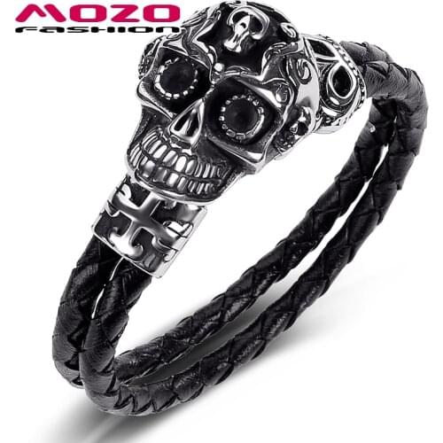 Fashion Men Jewelry Double Layer Leather Bracelet Stainless Steel Punk Locomotive skull Charm Exaggeration Bracelet PS1033