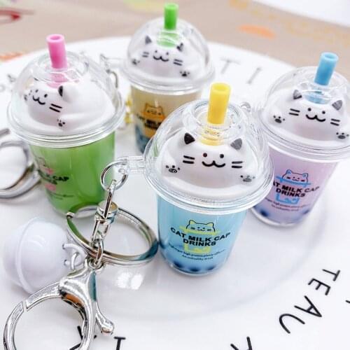 Cartoon Cute Cat Keychain Milk Tea Cup Liquid Quicksand Sequin Key Ring Charm Bag Car Pendant Key Chain for Women Men Kids