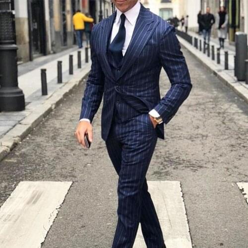 ANNIEBRITNEY Navy 3 Piece Slim Stripe Men Fashion Suit Cutsom Groom Wedding Tuxedo Prom Wedding Tailor Made Men Suit With Pants