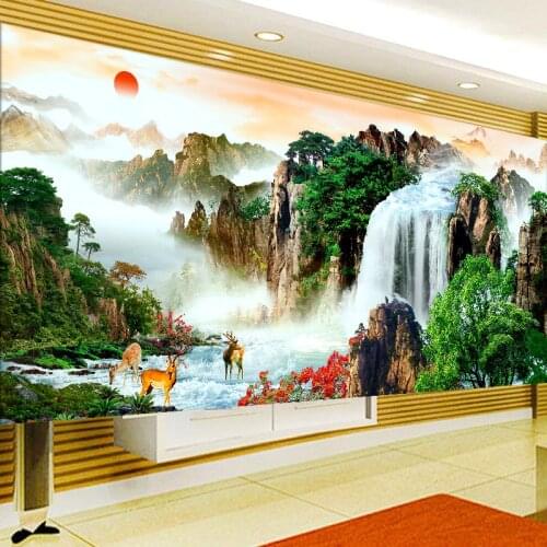 QIUSI needlework DIY cross stitch,full embroidery kit, sunset mountains waterfall plot Animal Scenic cross-stitch painting gift