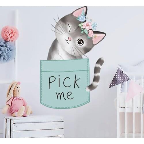 [SHIJUEHEZI] Pocket Cat Wall Stickers DIY Cartoon Animal Wall Decals for Kids Room Baby Bedroom Door Home Decoration Accessories