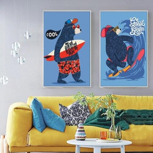 Nordic Cartoon Surfing Bear Decorative Painting Kindergarten Hanging Pictures Childrens Room Murals Canvas Wall Art Nursery