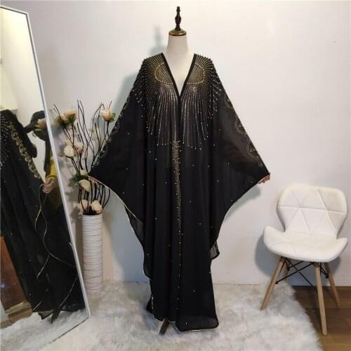 African Design Chiffon Long Stick Diamond Sleeve Dress For Women Muslim Cardigan Islamic Tunic Dubai Turkey Musulman Coat