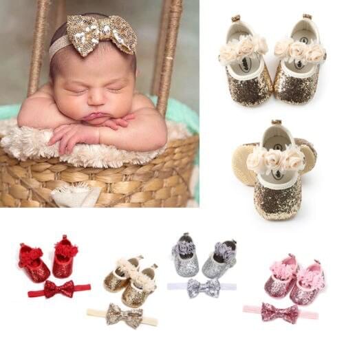 Pudcoco Fast Shipping Infant Baby Girl Princess Shoes Sequin Lace Party Wedding Flat Shoes+Headband Set