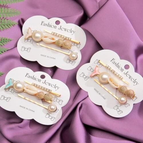 High Quality 3Pcs/set Rhinestone Imitation Pearl Shell Conch Fish Tail Hairpin Hair Clip Women Fashion Metal Bohemian Headwear