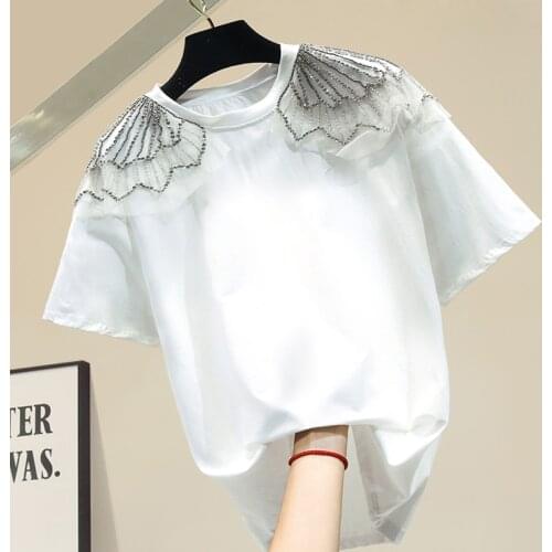 Womens Tshirt Heavy Industry Beaded White Black Cotton Short Sleeved T-shirt Female Summer Fashion T-shirt Ladys Tops T Shirts