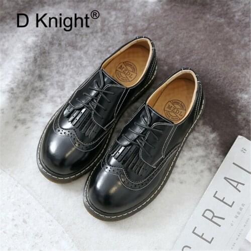 Carved Casual Leather Flats Thick Heels Platform Creepers Shoes Brogue Shoes Woman 2020 New British Style Oxford Shoes For Women