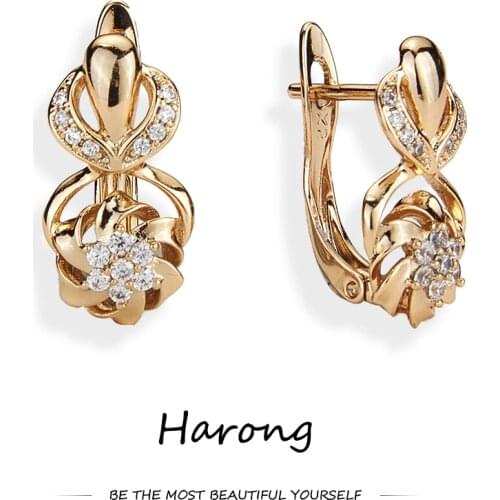Harong Aesthetic Women Earrings Flower Crystal Copper Metal Gold Stud Earrings For Woman Wedding Anniversary Jewelry Gift