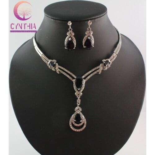 Women Silver plated jewelry black rhinestone zircon Water drop necklace earring Jewelry set WB-21133