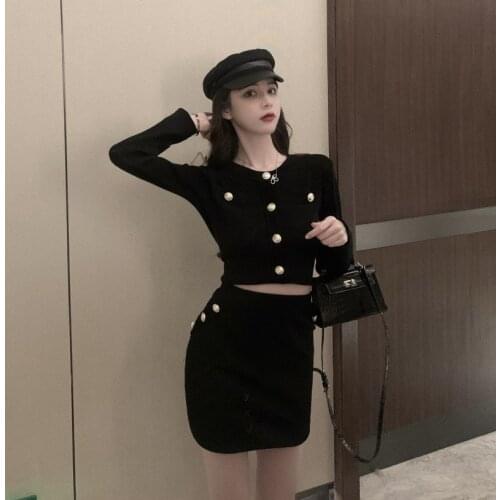 Autumn New 2020 Gold Button Sexy Fashion Runway Knitted 2 Piece Set Women Long Sleeve Crop Tops+Mini Pencil Skirt Suits
