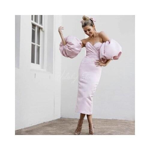 Elegant Sweet Pink Long Mermaid Dresses For Ladies Chic Stain Sweetheart Strapless Gowns Women With Detachable Lantern Sleeves