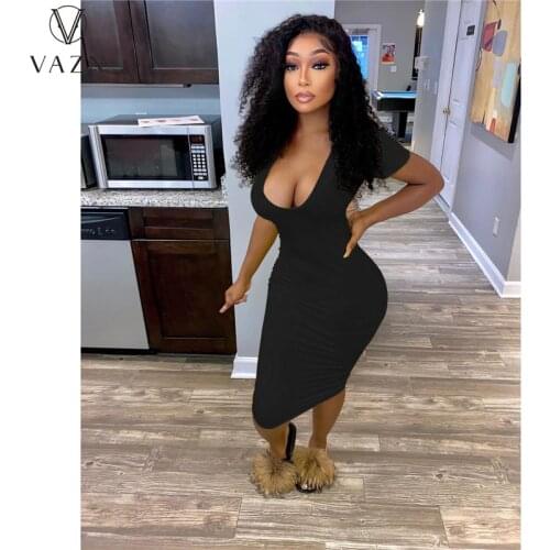 VAZN European and American Womens Dress Pure Color Deep V Dress Short Sleeve Long Sexy Short Sleeve Dress Night Club Wind