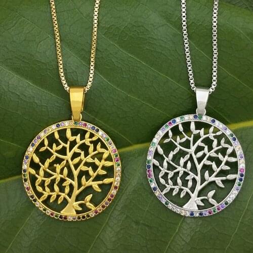 Gold Necklace Round Pendant for Women Multicolor Tree of Life Pendant Necklace Hollow Tree Gold Silver Color Bijoux Collier
