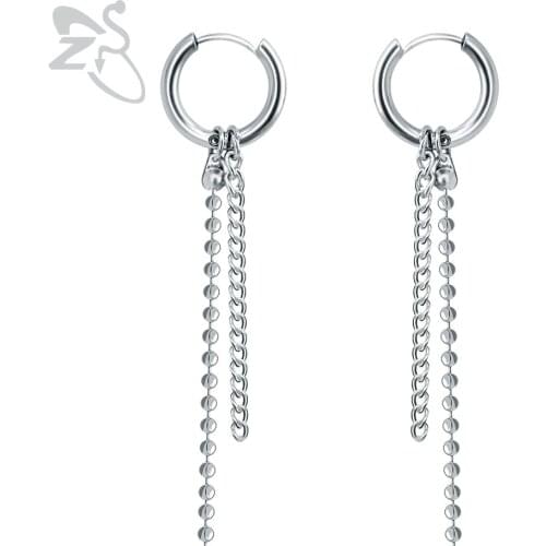 ZS Silver Color Boys Earrings Hip Hop Accessories Man Korea Pendant Chains Earring Punk Tassel Long Earrings for Men Women Gifts