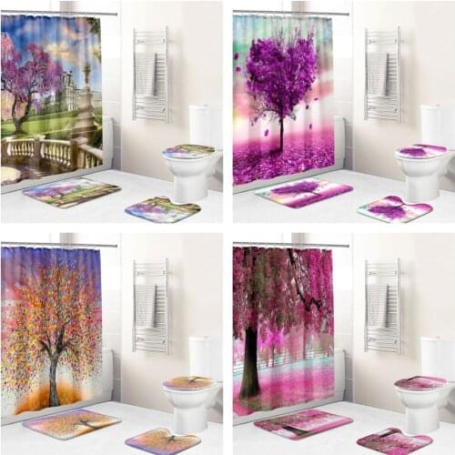 3D Printing Natural Plant Cherry Waterproof Fabric Bathroom Curtain Shower Curtain Cover Non Slip Carpet Toilet Cover Bath Mat