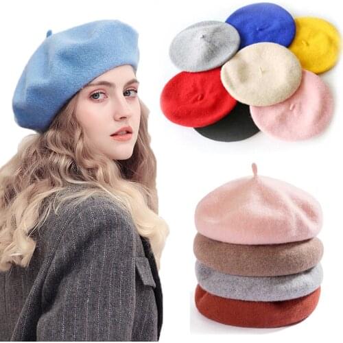 Women Girls Beret French Plain Wool Caps Warm Winter Beanie Hat Vintage Berets Solid Color Elegant Ladies Winter Hats Caps
